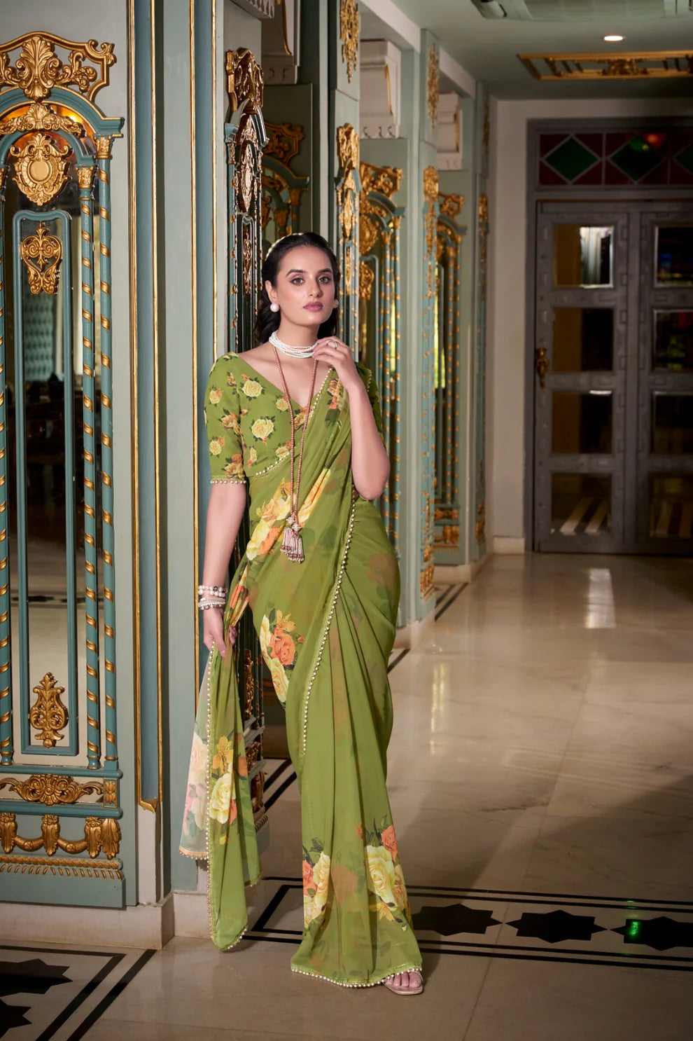 DIXZ FASHION GEORGETTE PRINTED WITH PEARL LACE BORDER SAREE, Peach (Copy)