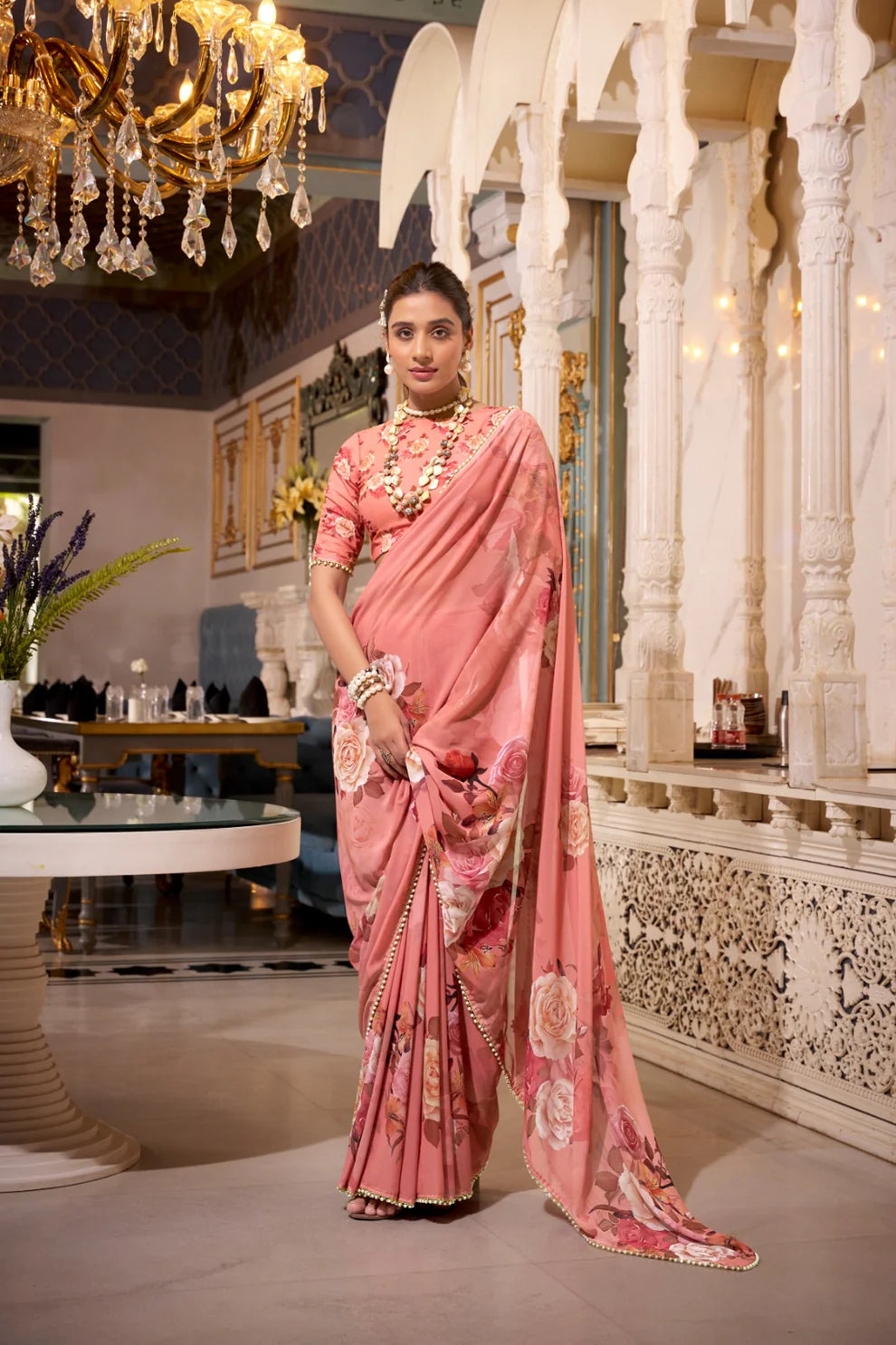 DIXZ FASHION GEORGETTE PRINTED WITH PEARL LACE BORDER SAREE, Peach (Copy)
