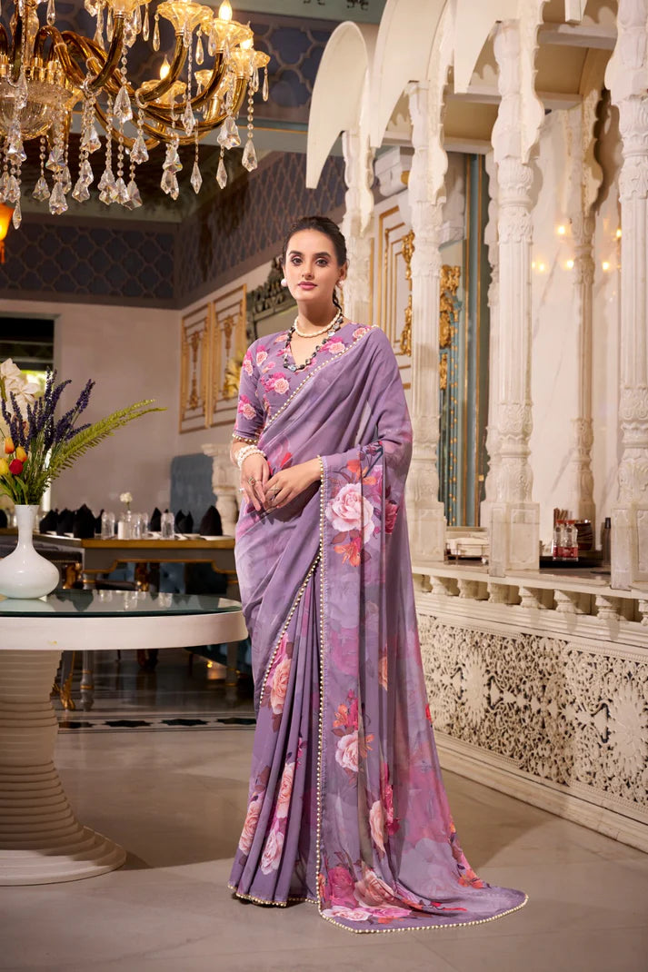GEORGETTE PRINTED WITH PEARL LACE BORDER SAREE, LAVENDER