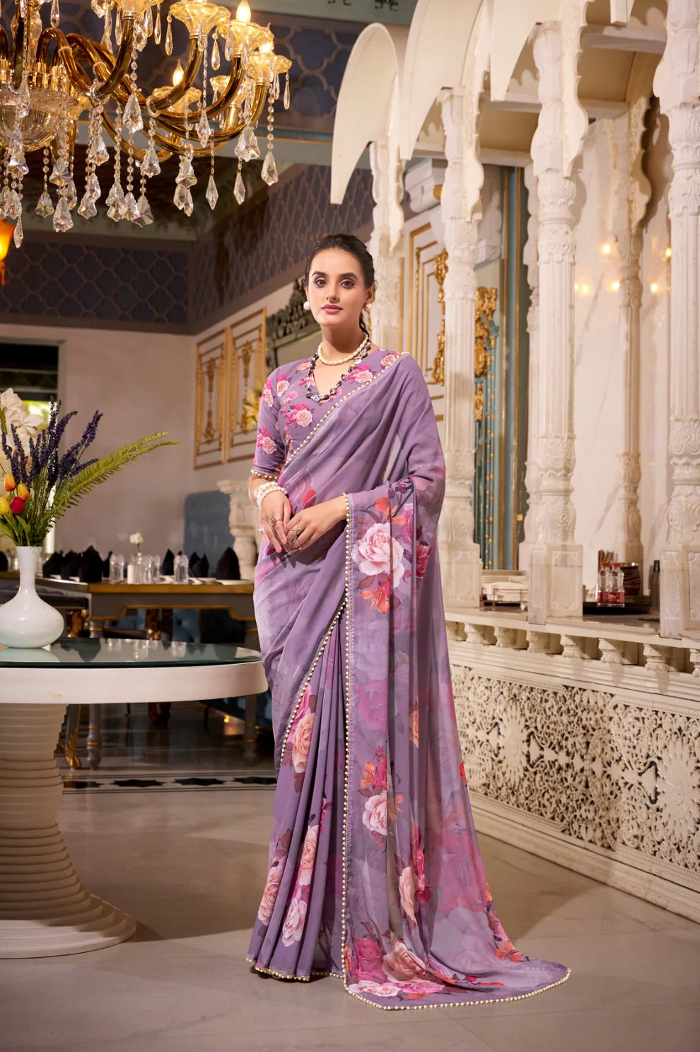 DIXZ FASHION GEORGETTE PRINTED WITH PEARL LACE BORDER SAREE, Peach (Copy)