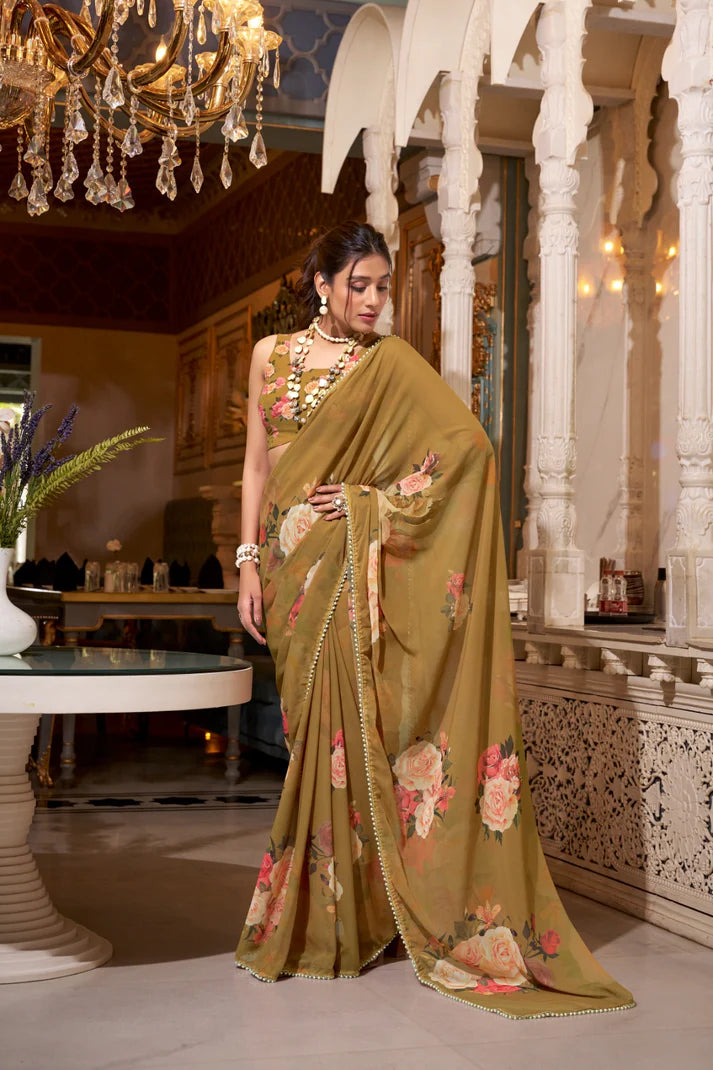 DIXZ GEORGETTE PRINTED WITH PEARL LACE BORDER SAREE