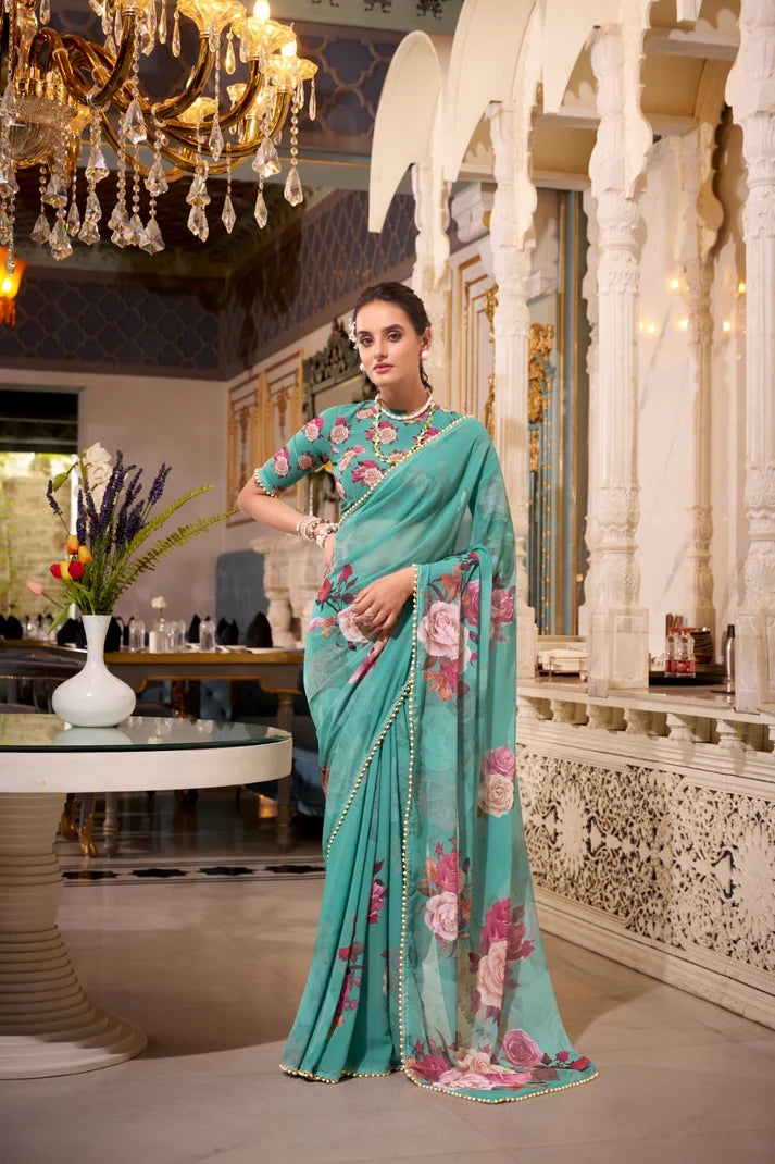 DIXZ FASHION GEORGETTE PRINTED WITH PEARL LACE BORDER SAREE, Peach (Copy)