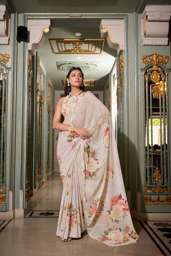 DIXZ FASHION GEORGETTE PRINTED WITH PEARL LACE BORDER SAREE, Peach (Copy)