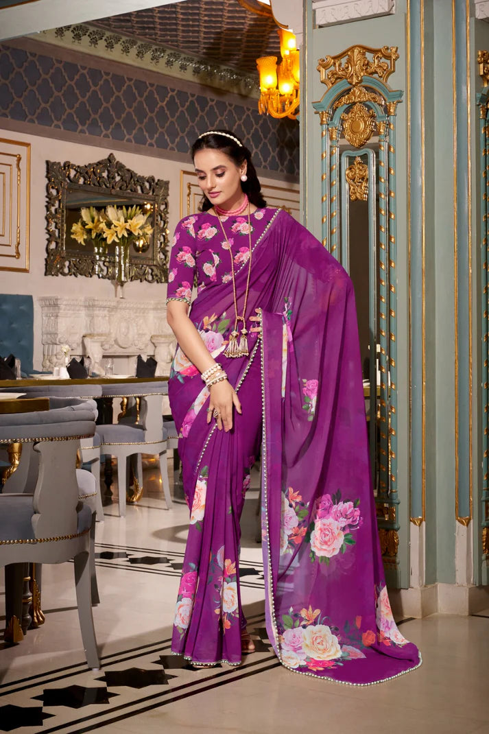DIXZ FASHION GEORGETTE PRINTED WITH PEARL LACE BORDER SAREE, Peach (Copy)