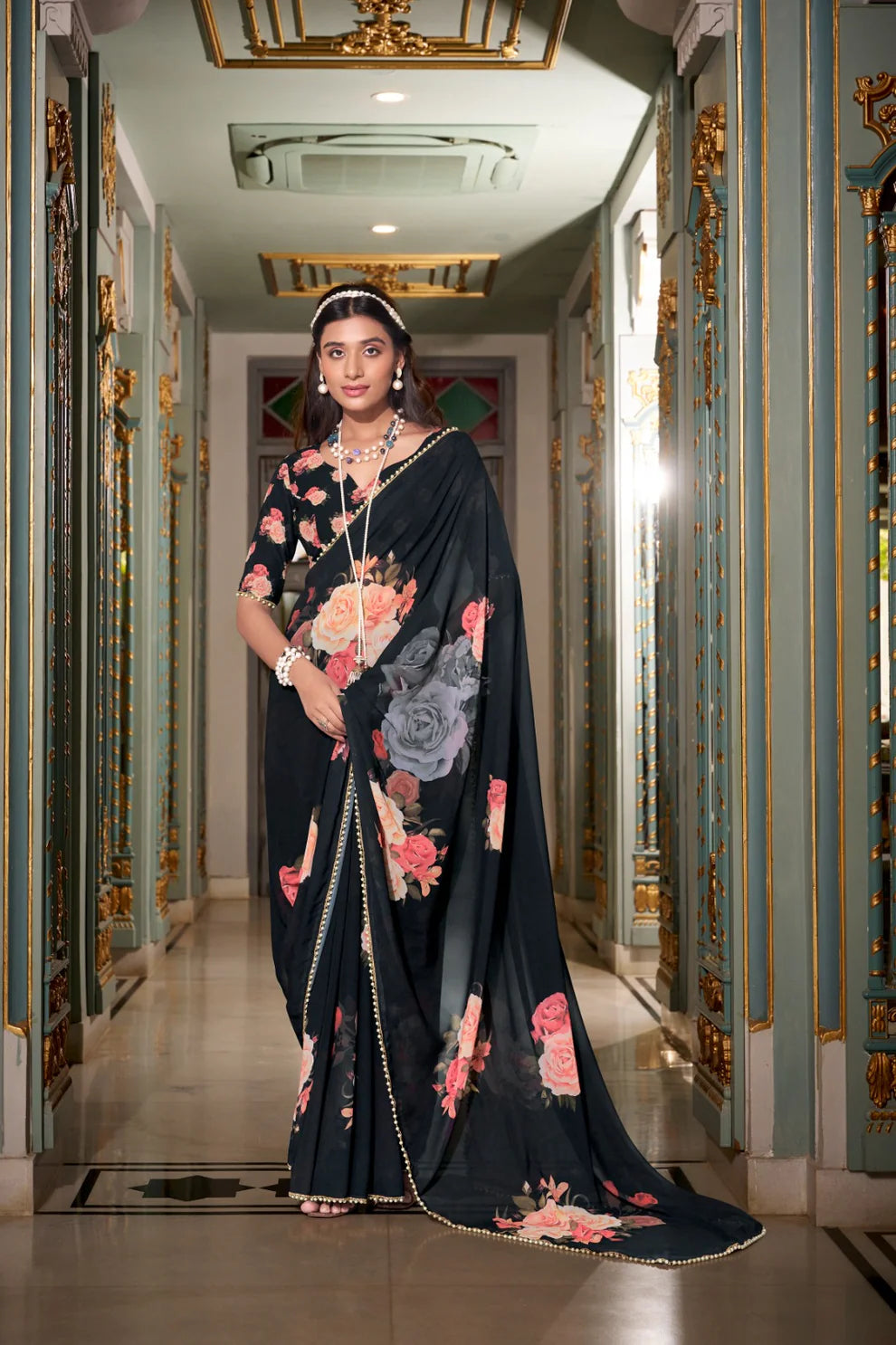 DIXZ FASHION GEORGETTE PRINTED WITH PEARL LACE BORDER SAREE, Peach (Copy)