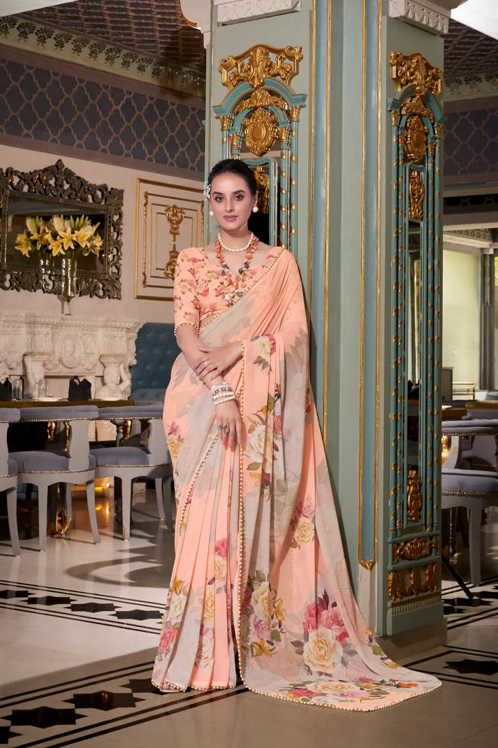DIXZ FASHION GEORGETTE PRINTED WITH PEARL LACE BORDER SAREE, Peach (Copy)