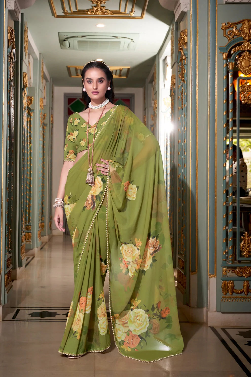 DIXZ FASHION GEORGETTE PRINTED WITH PEARL LACE BORDER SAREE, Peach (Copy)