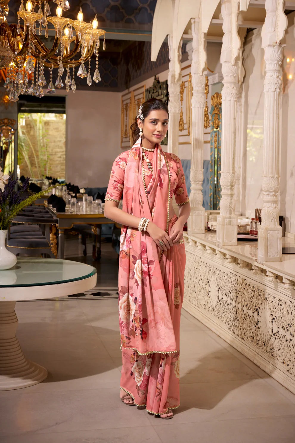DIXZ FASHION GEORGETTE PRINTED WITH PEARL LACE BORDER SAREE, Peach (Copy)