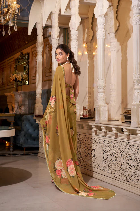DIXZ GEORGETTE PRINTED WITH PEARL LACE BORDER SAREE