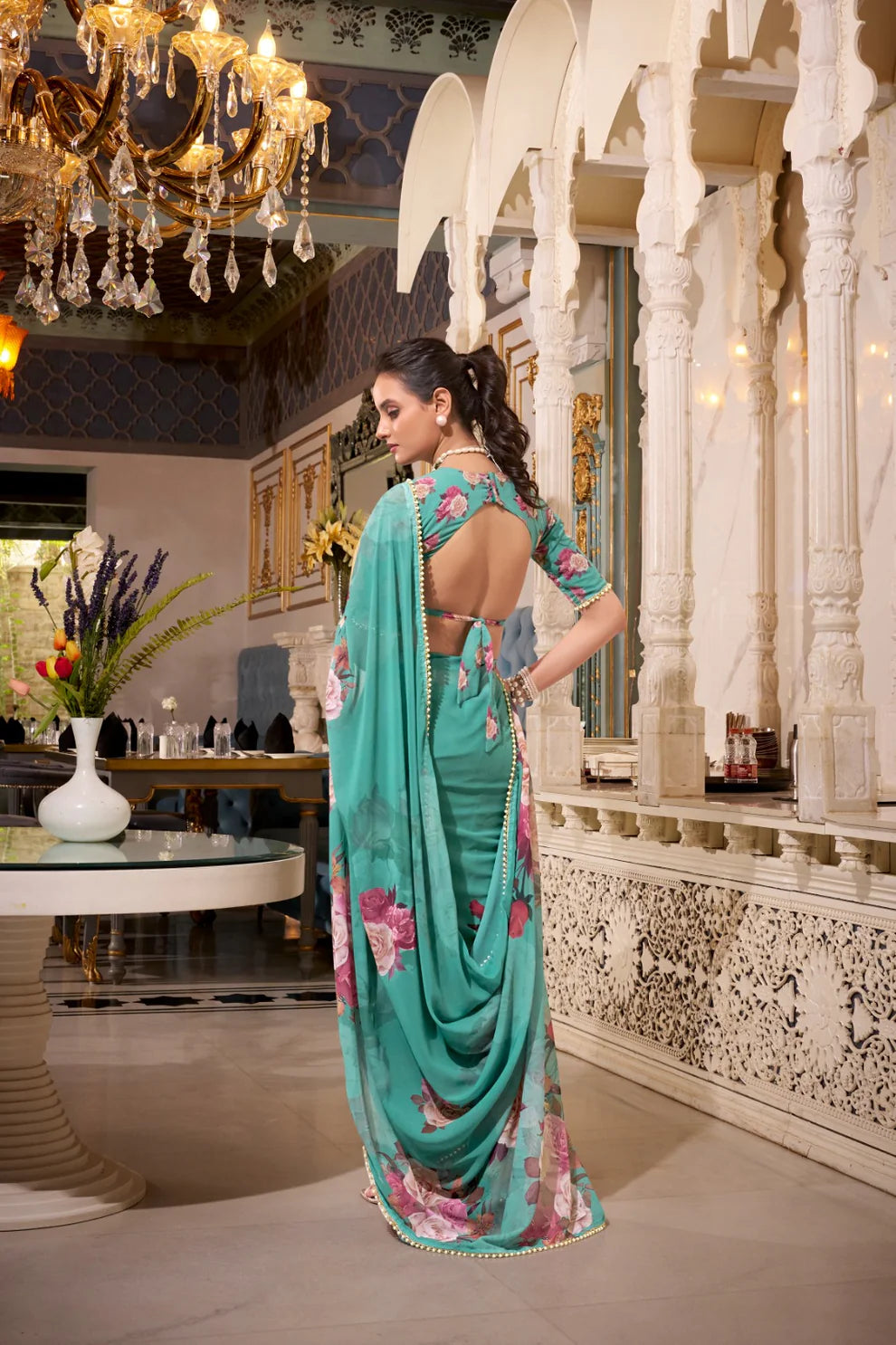 DIXZ FASHION GEORGETTE PRINTED WITH PEARL LACE BORDER SAREE, Peach (Copy)