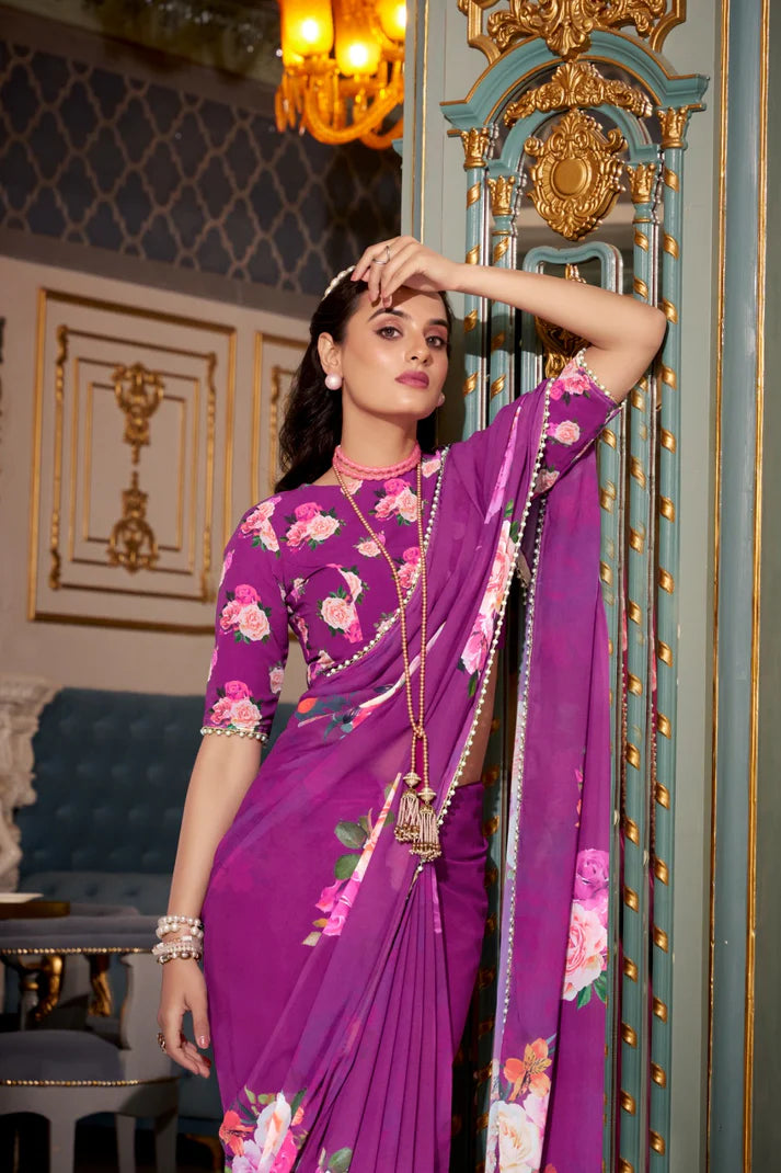 DIXZ FASHION GEORGETTE PRINTED WITH PEARL LACE BORDER SAREE, Peach (Copy)