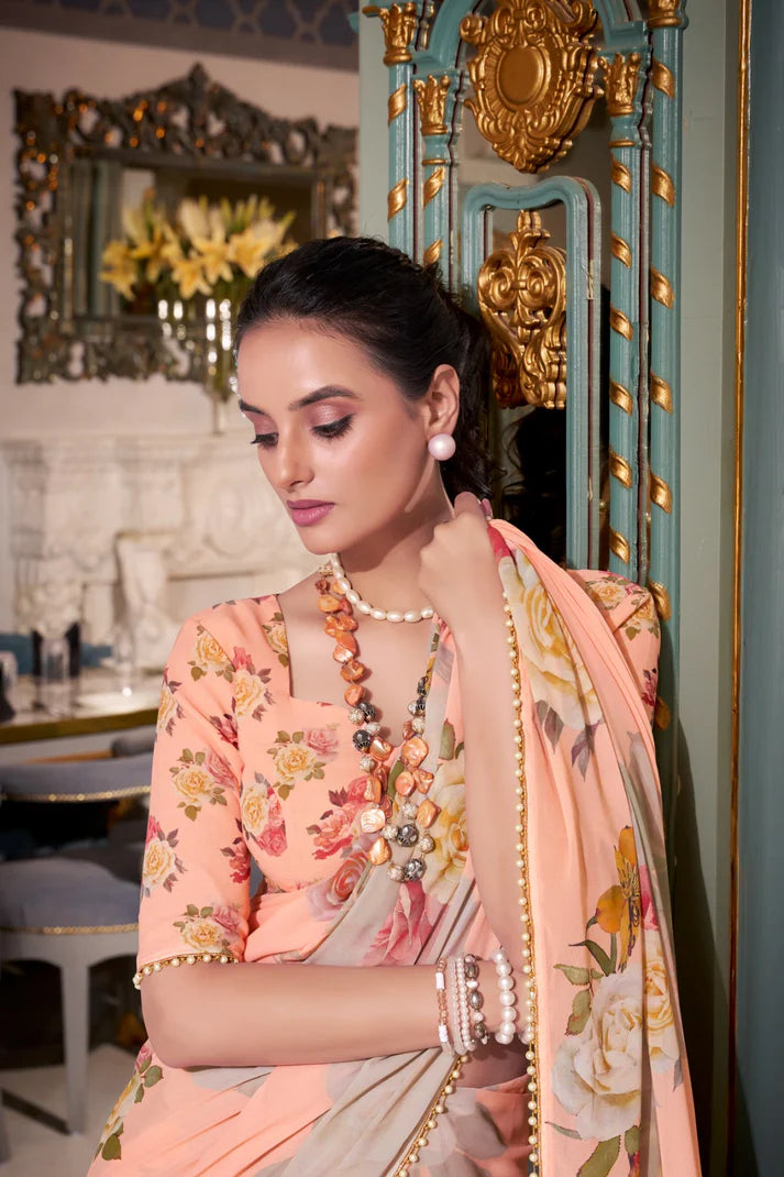 DIXZ FASHION GEORGETTE PRINTED WITH PEARL LACE BORDER SAREE, Peach (Copy)