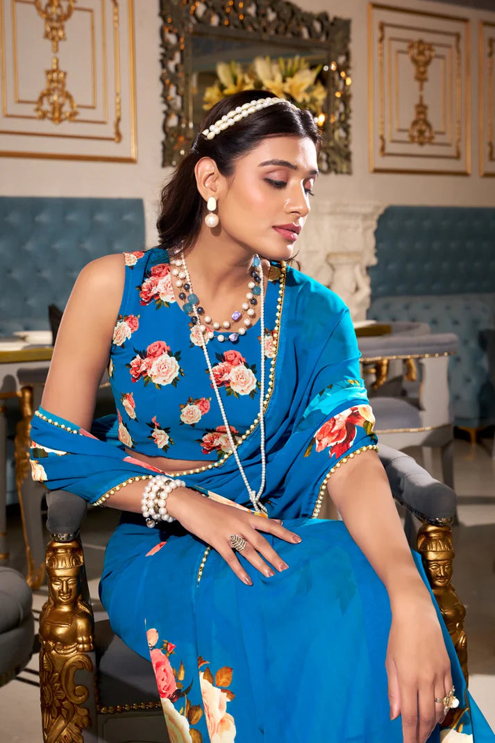 DIXZ FASHION GEORGETTE PRINTED WITH PEARL LACE BORDER SAREE, Peach (Copy)