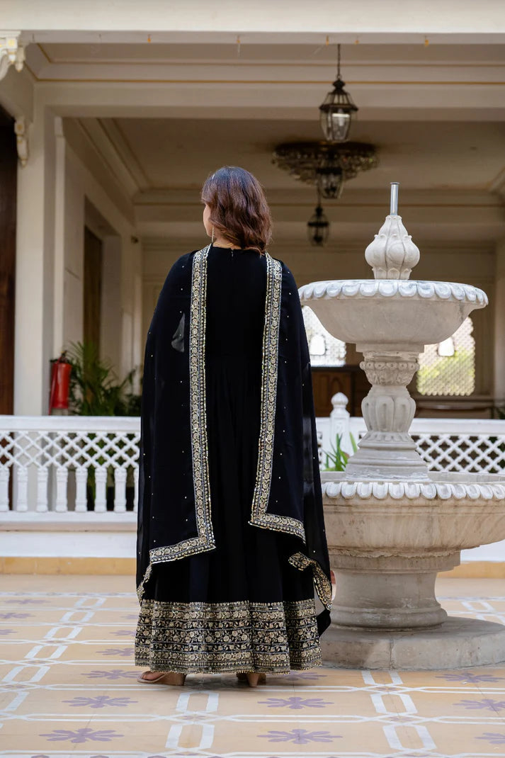 Dixz Fashion Faux Georgette With Sequins and Zari Embroidered Work Gown
