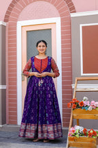 Dixz Fashion Elegant Soft Silk Gown with Banarasi Zari Sleeves & Knife Pleated Flair