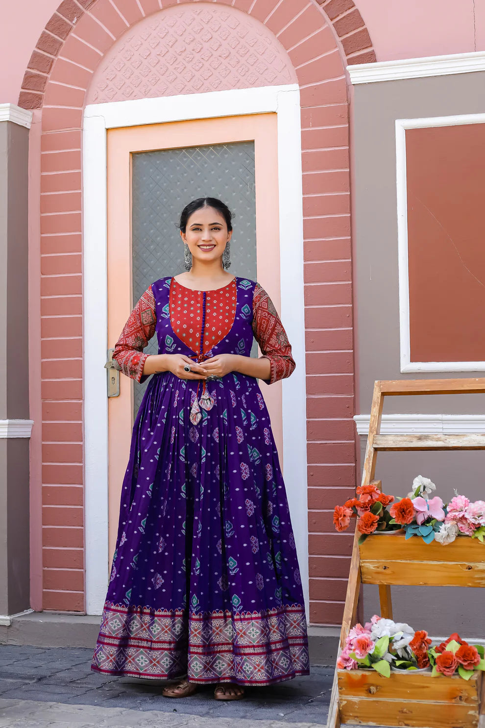 Dixz Fashion Elegant Soft Silk Gown with Banarasi Zari Sleeves & Knife Pleated Flair