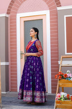 Dixz Fashion Elegant Soft Silk Gown with Banarasi Zari Sleeves & Knife Pleated Flair