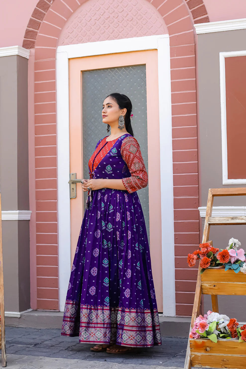 Dixz Fashion Elegant Soft Silk Gown with Banarasi Zari Sleeves & Knife Pleated Flair