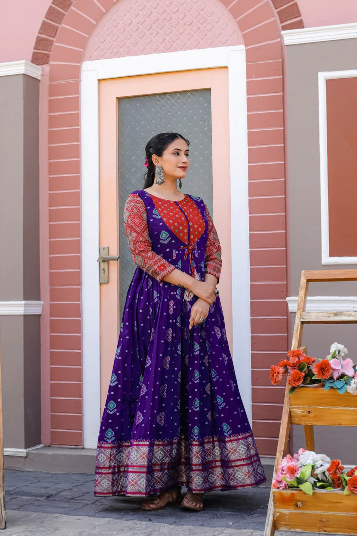 Dixz Fashion Elegant Soft Silk Gown with Banarasi Zari Sleeves & Knife Pleated Flair