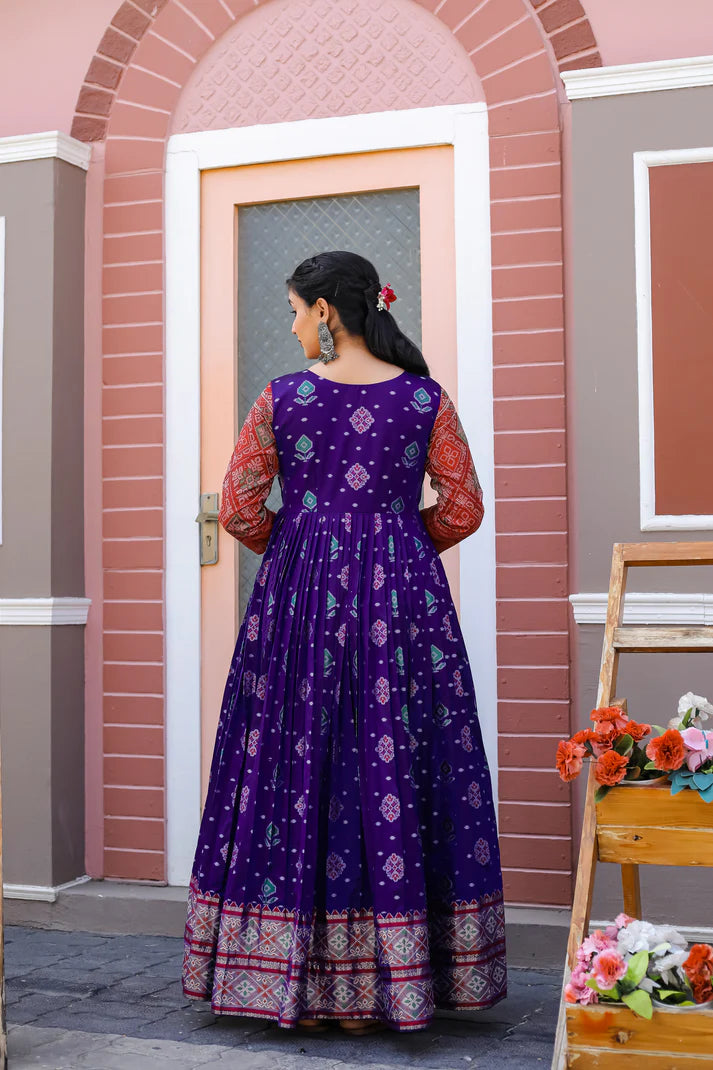 Dixz Fashion Elegant Soft Silk Gown with Banarasi Zari Sleeves & Knife Pleated Flair