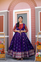 Dixz Fashion Elegant Soft Silk Gown with Banarasi Zari Sleeves & Knife Pleated Flair