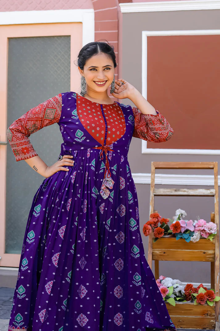 Dixz Fashion Elegant Soft Silk Gown with Banarasi Zari Sleeves & Knife Pleated Flair